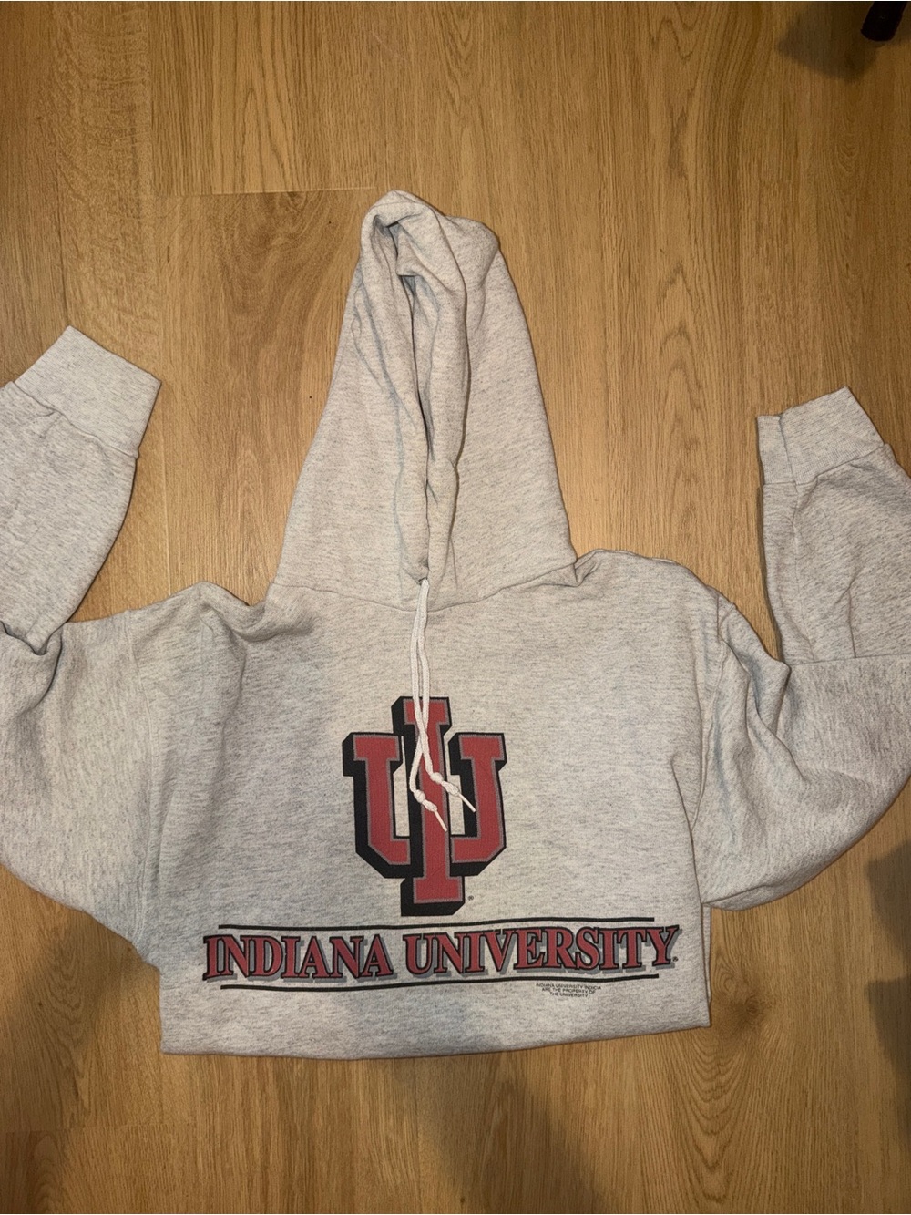 Tultex Light Gray Cropped Hoodie with Red and Black Indiana Logo